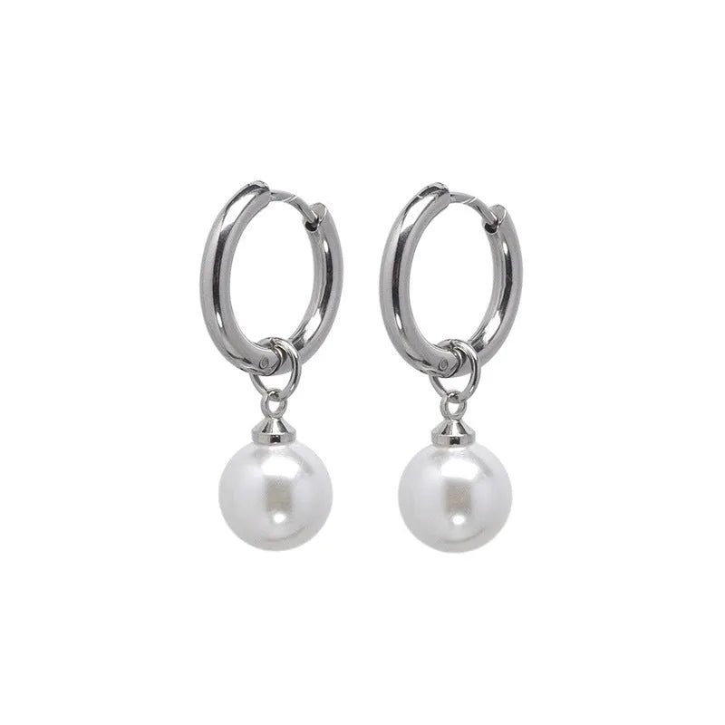Geometric round pearl drop earrings for women with alloy metal and titanium steel posts.