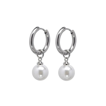 Geometric round pearl drop earrings for women with alloy metal and titanium steel posts.