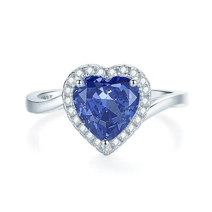 Heart-shaped sterling silver ring with zircon stone in ice flower cut, showing 1.5 cm width and 1.8 cm height dimensions