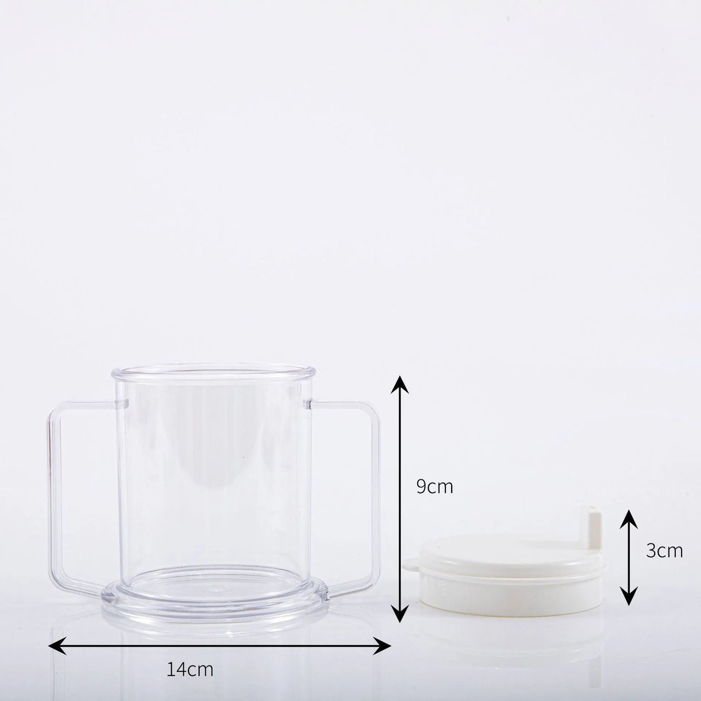 Transparent spill-proof drinking cup showing 14cm height, modern design, PP material construction