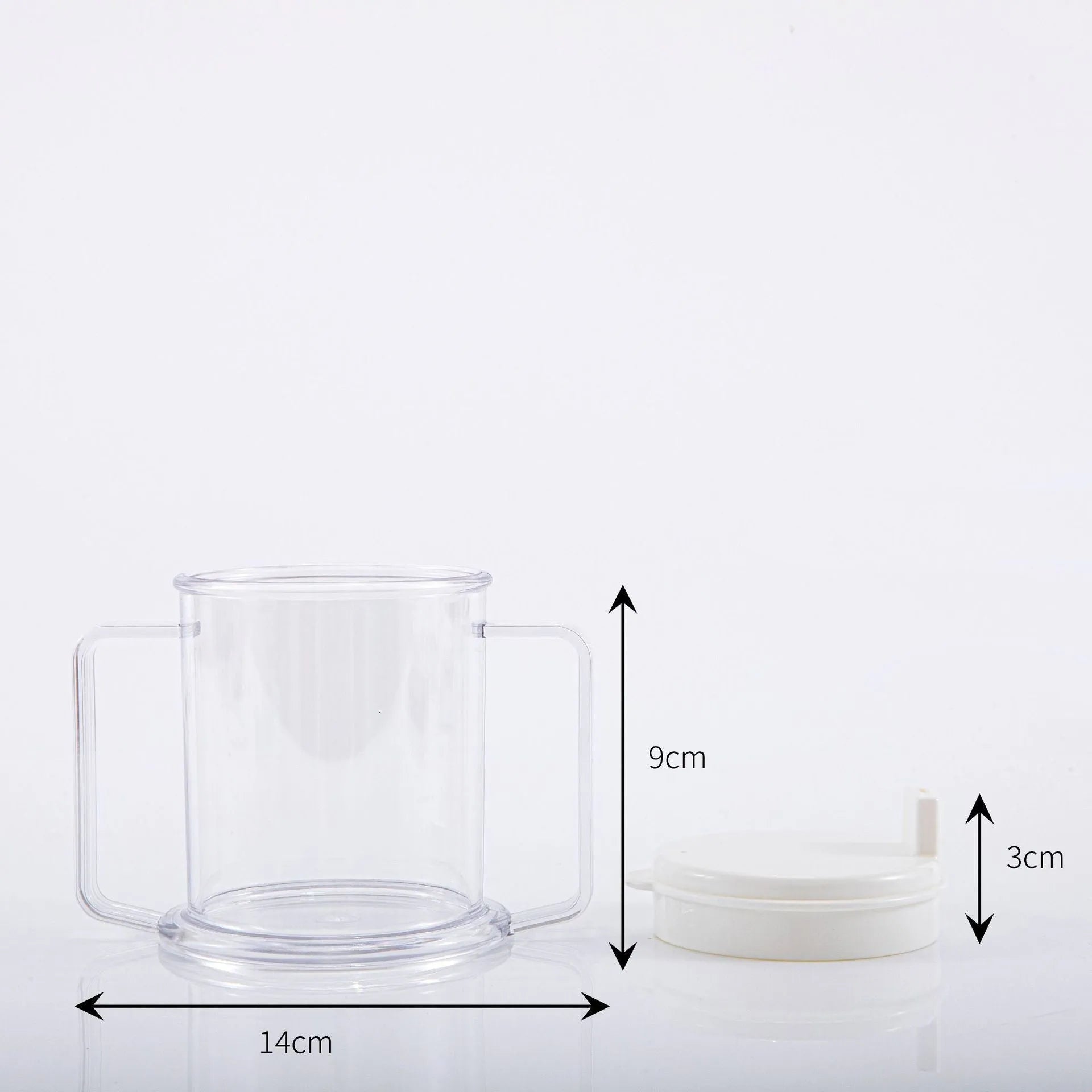 Transparent spill-proof drinking cup showing 14cm height, modern design, PP material construction
