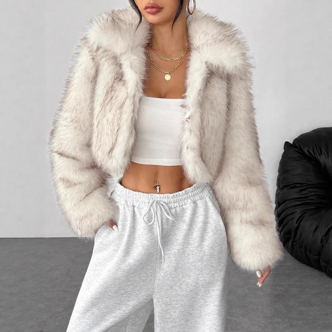 Women's artificial fox fur coat with fur collar in short 40cm length