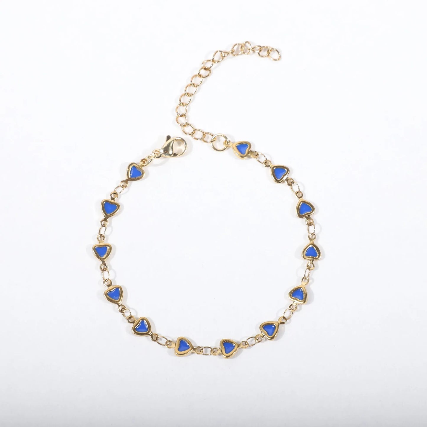 Stainless steel heart bracelet with 18K gold plating in multiple colours showing adjustable 17+5cm length
