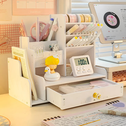 Square plastic pen holder storage box with multiple grid compartments for stationery organisation.