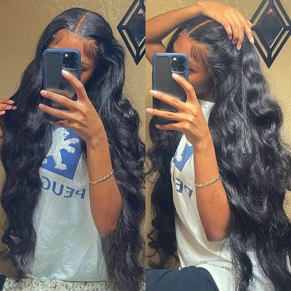 Black synthetic front lace wig with long curly hair and side bangs, showing natural hairline and 180 density volume