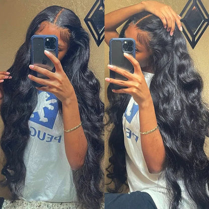 Black synthetic front lace wig with long curly hair and side bangs, showing natural hairline and 180 density volume