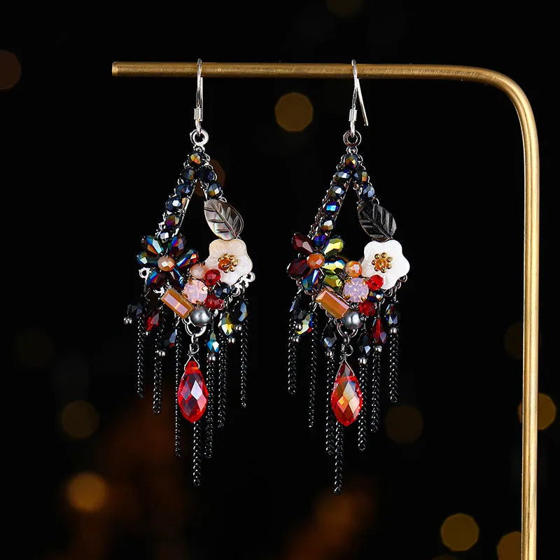 Hand-woven bohemian long earrings with artificial crystal detailing in red and black, champagne, or amethyst colours