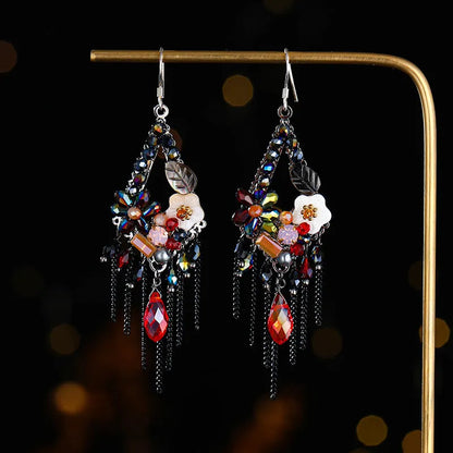 Hand-woven bohemian long earrings with artificial crystal detailing in red and black, champagne, or amethyst colours