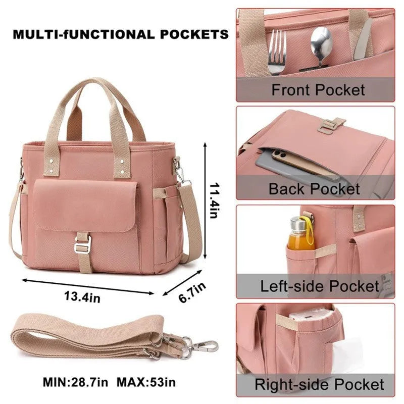 Insulated cube-shaped picnic bag with a removable shoulder strap in pink, shown with a side pocket.