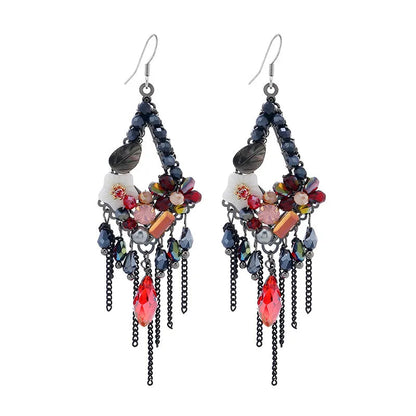 Hand-woven bohemian long earrings with artificial crystal detailing in red and black, champagne, or amethyst colours