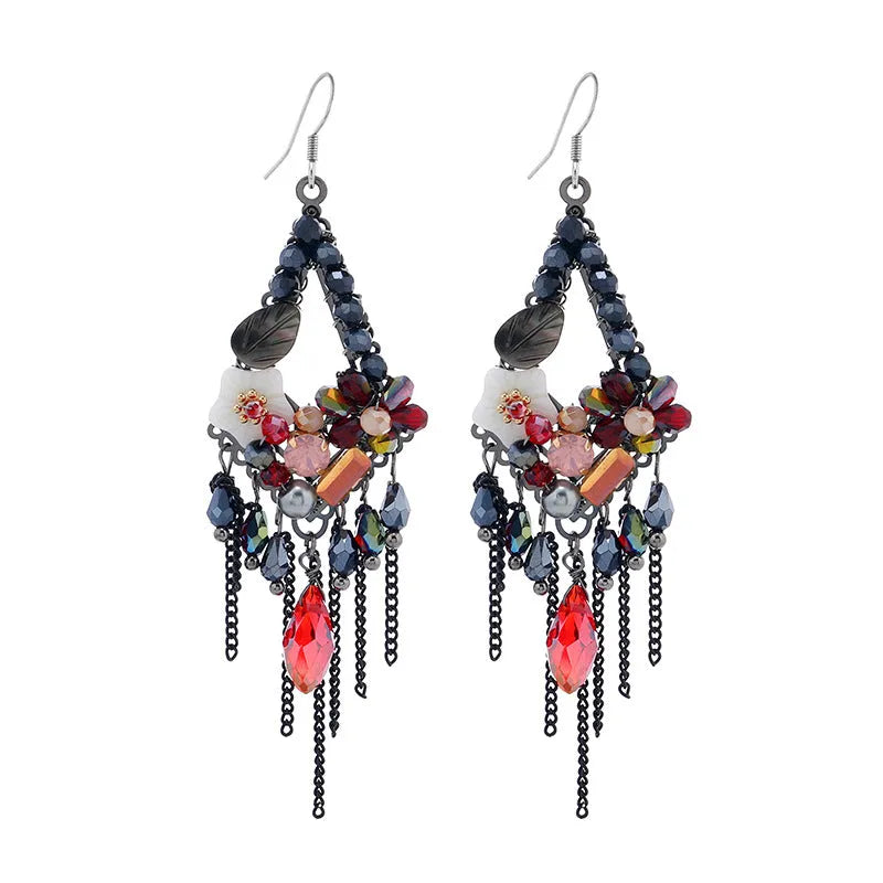 Hand-woven retro bohemian ethnic style long exaggerated earrings featuring artificial crystal and alloy materials with diamond shape design in red and black, champagne, or amethyst colour options
