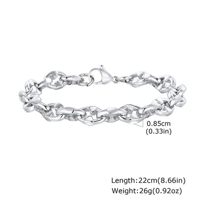 Steel colour stainless steel geometric chain bracelet with 8mm wide links and adjustable 20-24cm length