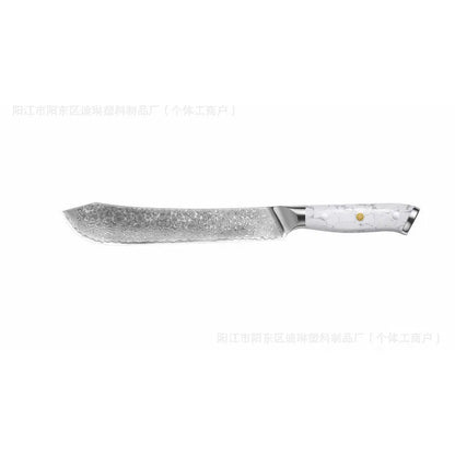 Damascus pattern chef's knife with a 21cm blade and dark handle on a wooden cutting board.