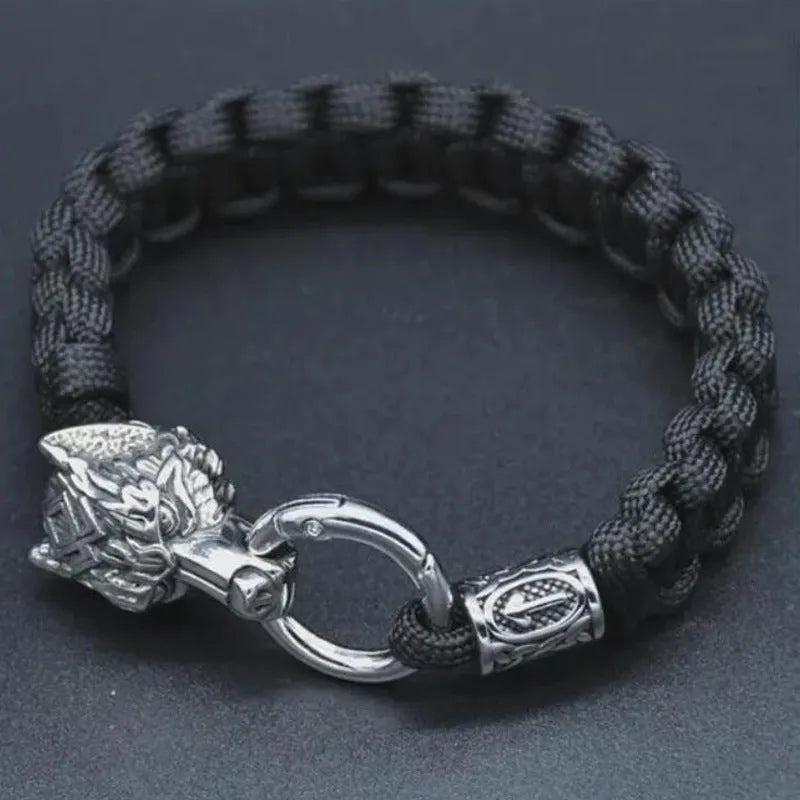 Stainless steel Luen character wolf head bracelet, handmade unisex accessory featuring retro style animal zodiac modelling with camouflage colour finish, available in 19cm, 21cm, 23cm and 25cm sizing options for a personalised fit.