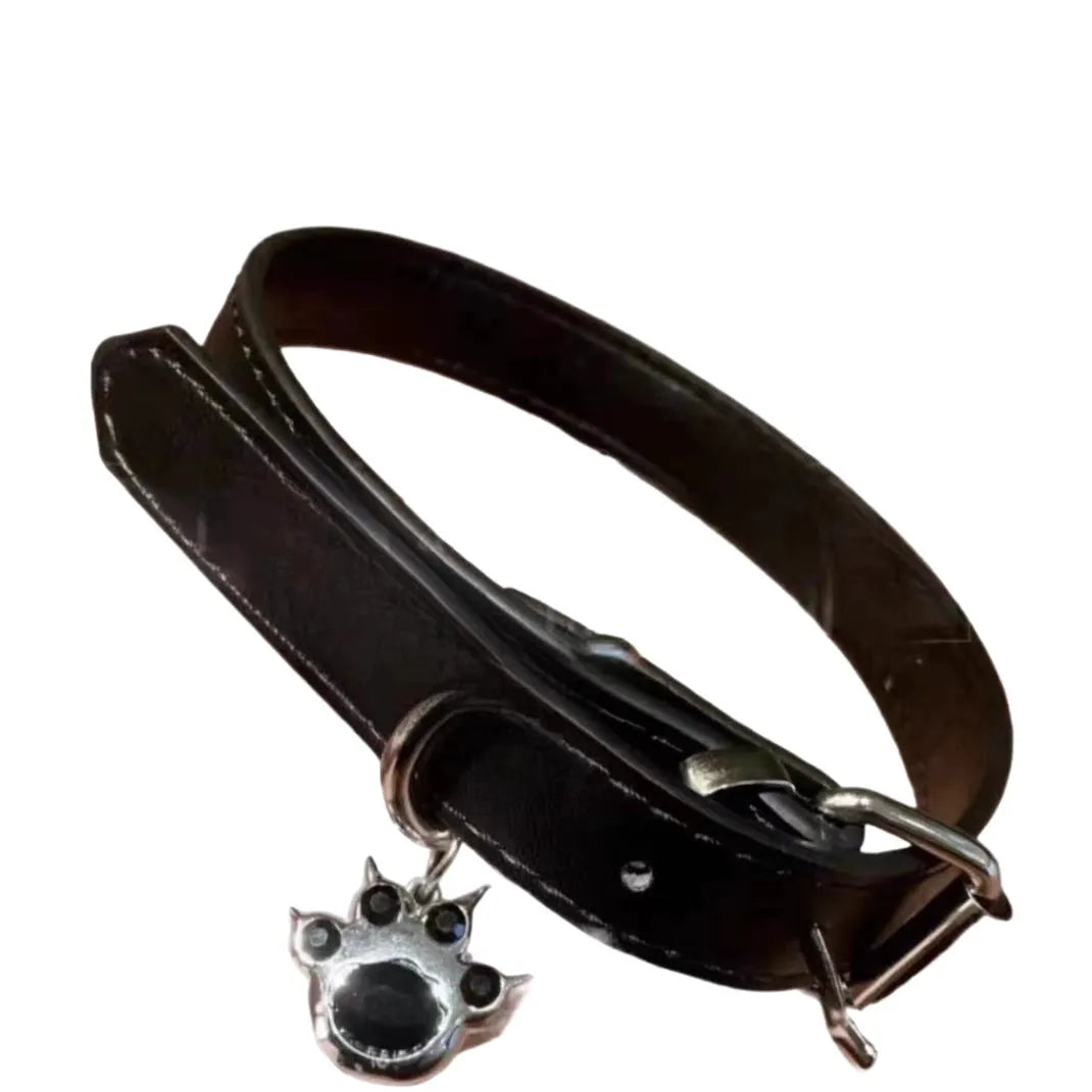 Black leather dog collar with adjustable perimeter from 21cm to 50cm showing three design variations