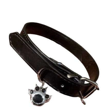 Black leather dog collar with adjustable perimeter from 21cm to 50cm showing three design variations