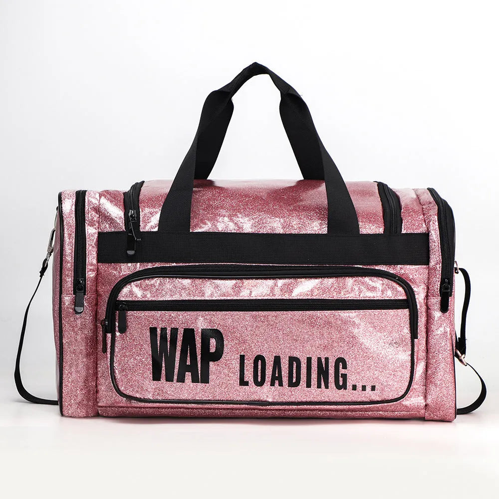 Large silver PU leather sports handbag with letter detailing, showing internal compartments.