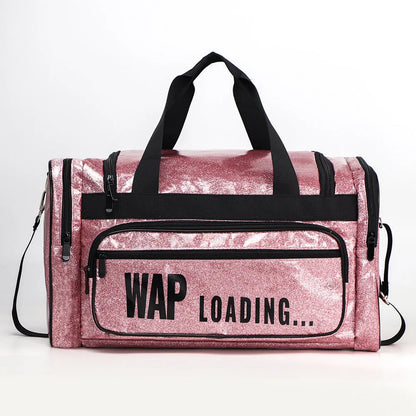Large silver PU leather sports handbag with letter detailing, showing internal compartments.