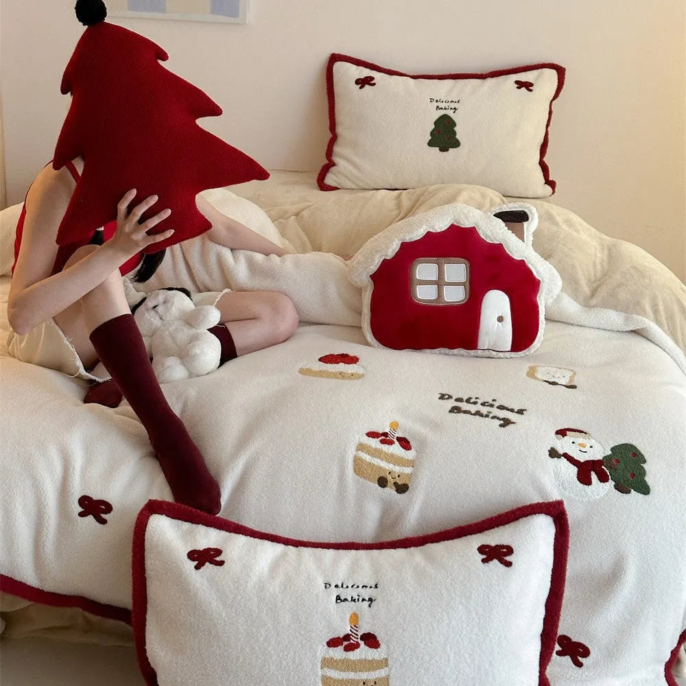 Winter Christmas cartoon four-piece bedding set with Xuefu Milk Pastry pattern on polyester fabric