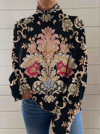 3D pattern printed turtleneck long sleeve sweater in black line-E127 with loose fit and sunken stripe knit