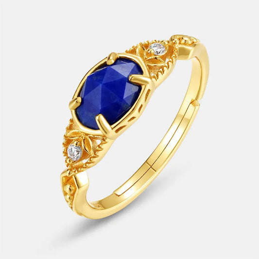 Japanese style lapis lazuli ring with sterling silver ellipse setting and adjustable sizing