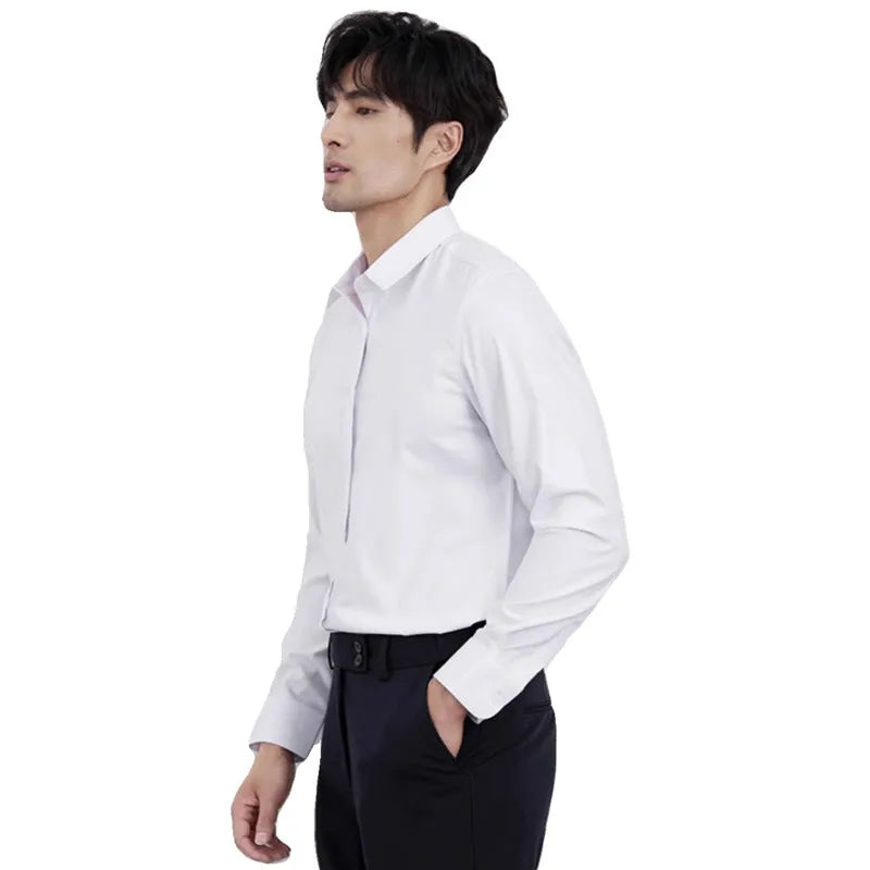 Men's wine red slim fit long sleeve shirt with non-iron treatment on a hanger.
