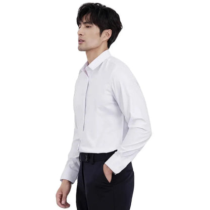 Men's wine red slim fit long sleeve shirt with non-iron treatment on a hanger.