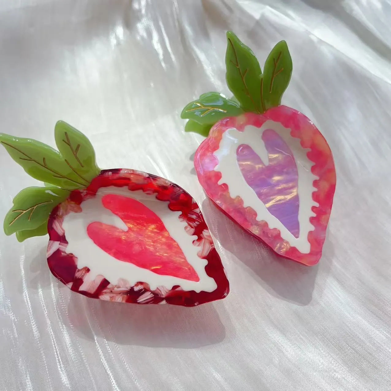 Handmade strawberry hairpin with pastoral style design in red or pink colour options