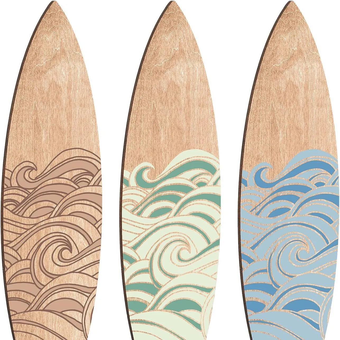 Three identical wooden surfboard wall decorations in European style design