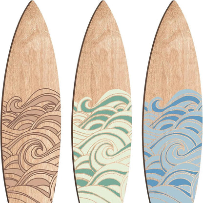 Three identical wooden surfboard wall decorations in European style design