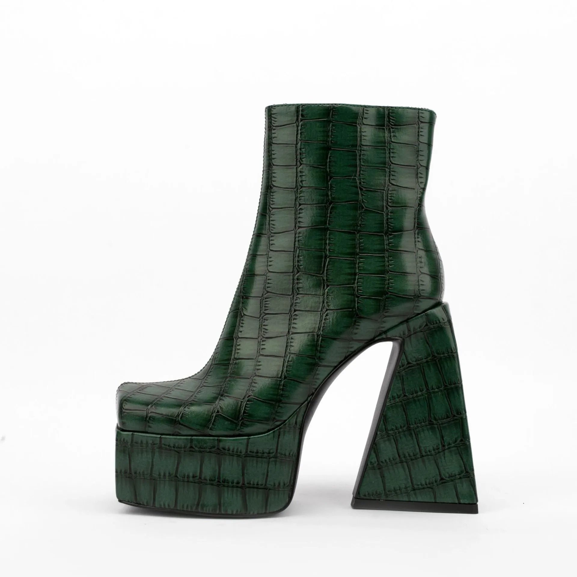 Women's ankle boots with 8cm heel in red, green, black, beige, or brown colours, artificial PU upper