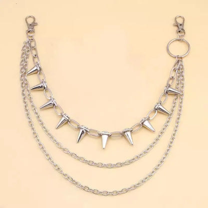 Silver double-layer pants chain with zipper and rivet details measuring 115cm for punk hip hop fashion
