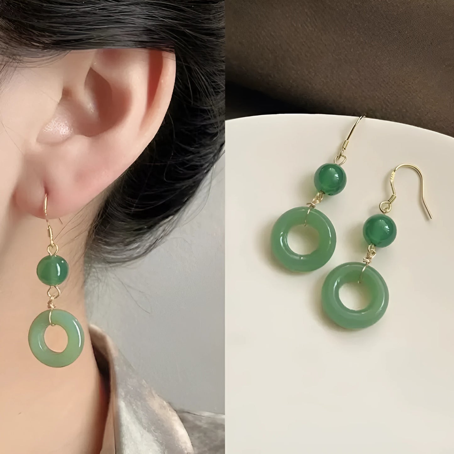 Green jade design peace buckle shaped zinc alloy earrings for Han Chinese clothing