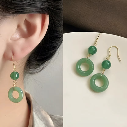Green jade design peace buckle shaped zinc alloy earrings for Han Chinese clothing