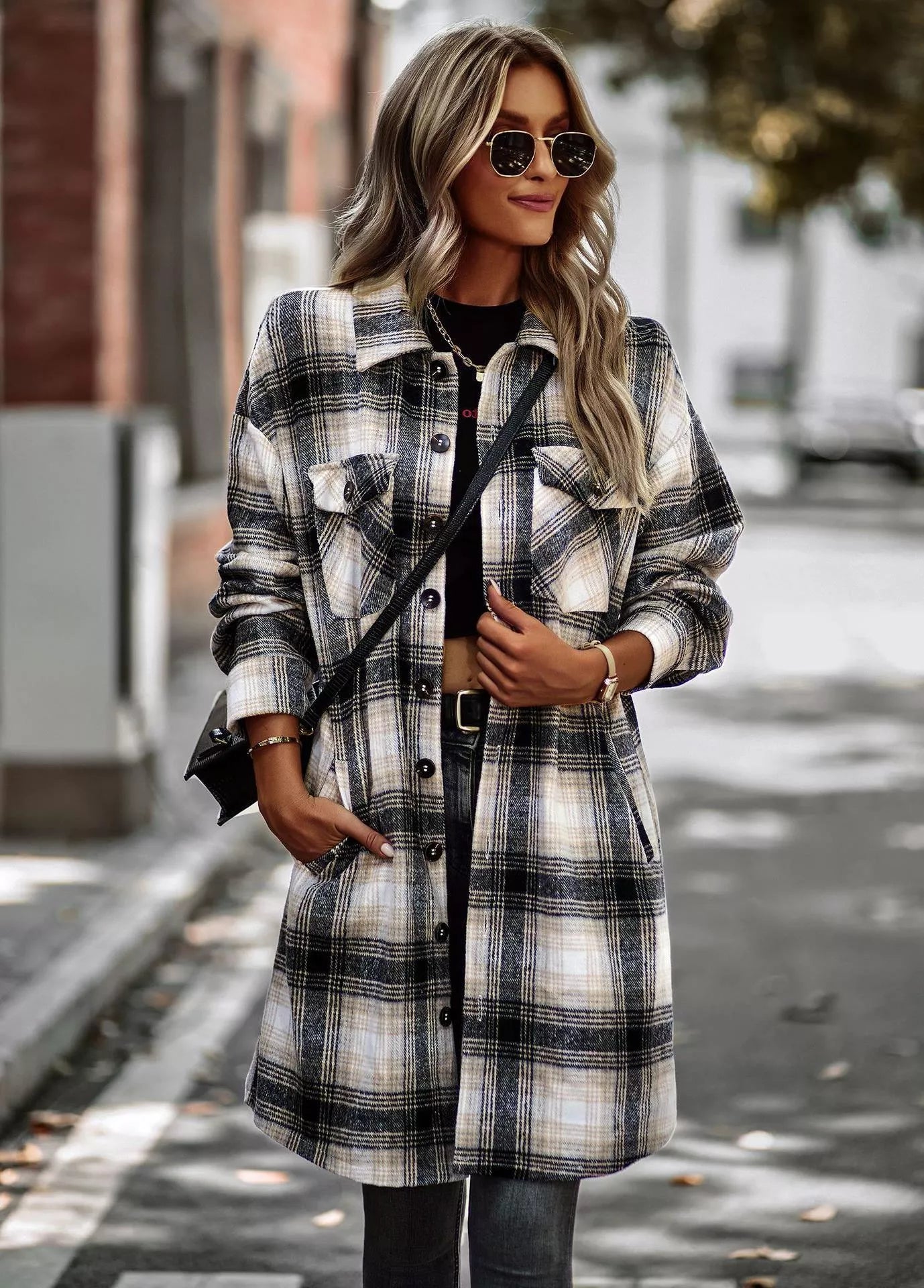Long plaid woolen cardigan coat for women in pink, blue, green, and black