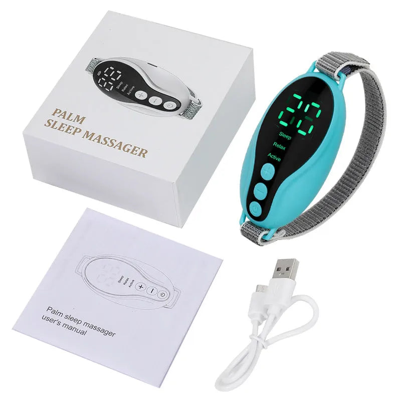 Compact blue sleep aid device showing USB port and control buttons with dimensions 80×40×20mm