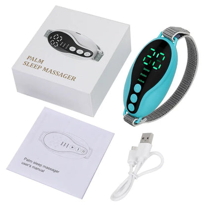 Compact blue sleep aid device showing USB port and control buttons with dimensions 80×40×20mm
