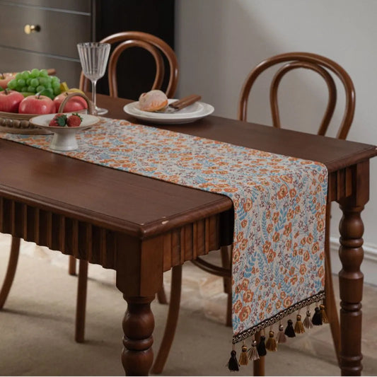 Beige jacquard table runner with long tassels and floral patterns, sizes 33x120cm to 33x400cm