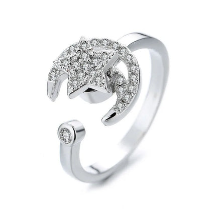 Adjustable copper ring with micro-inlaid zircon stars and rotating moon element in geometric design