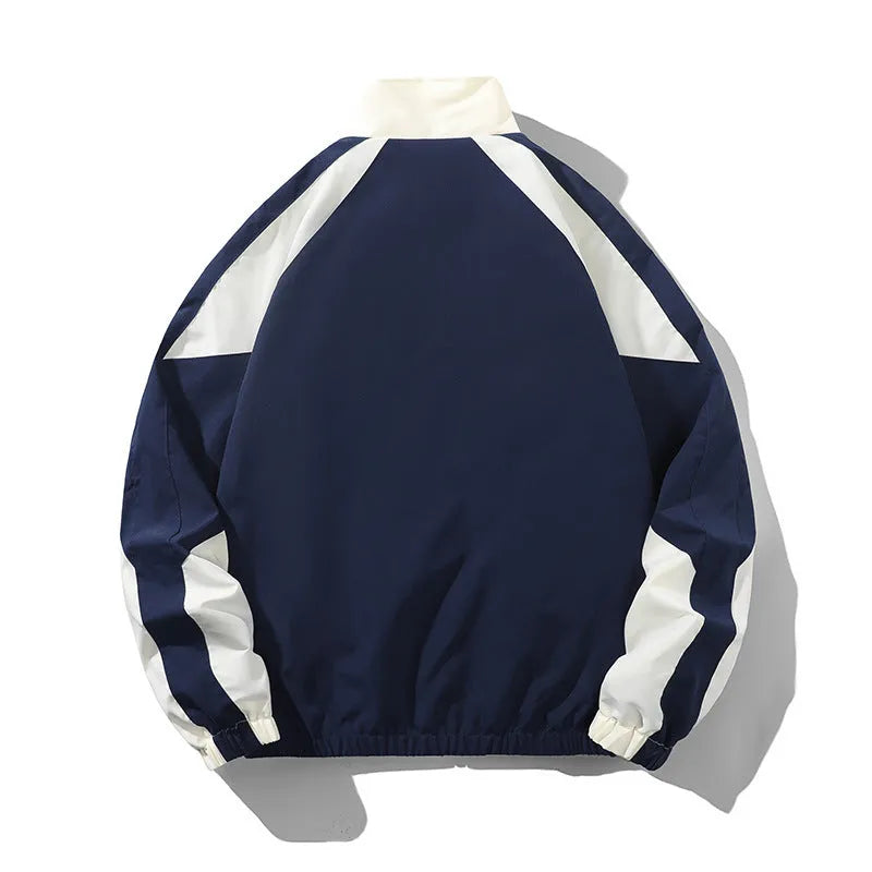 Men's casual jacket with contrast stitching for spring and autumn outdoor wear, available in black and dark blue colours, featuring polyester fibre lining and side seam pockets, offered in loose regular length fit across sizes M to 4XL