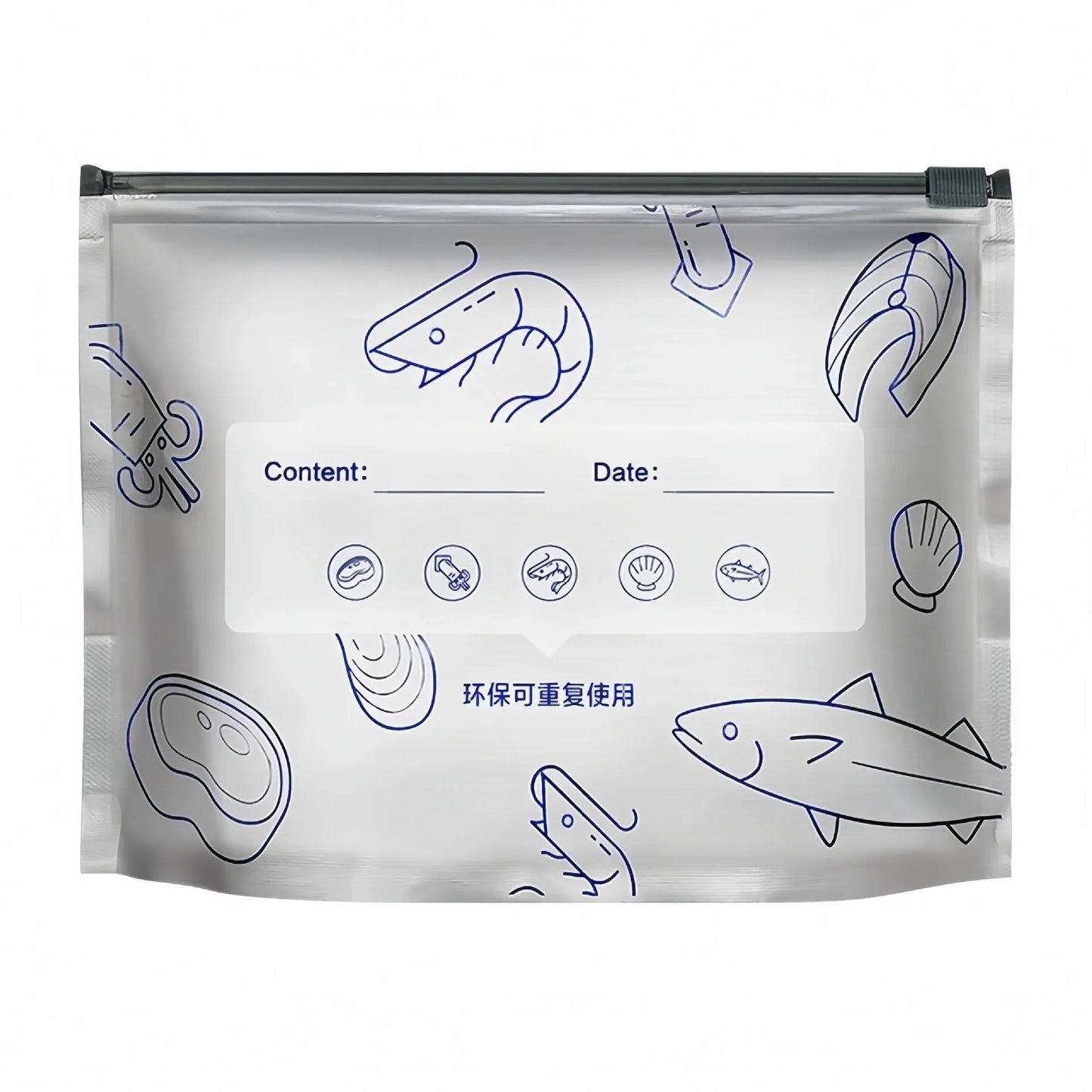 Set of aluminium foil sealed fresh bags in small, medium, and large sizes for food storage