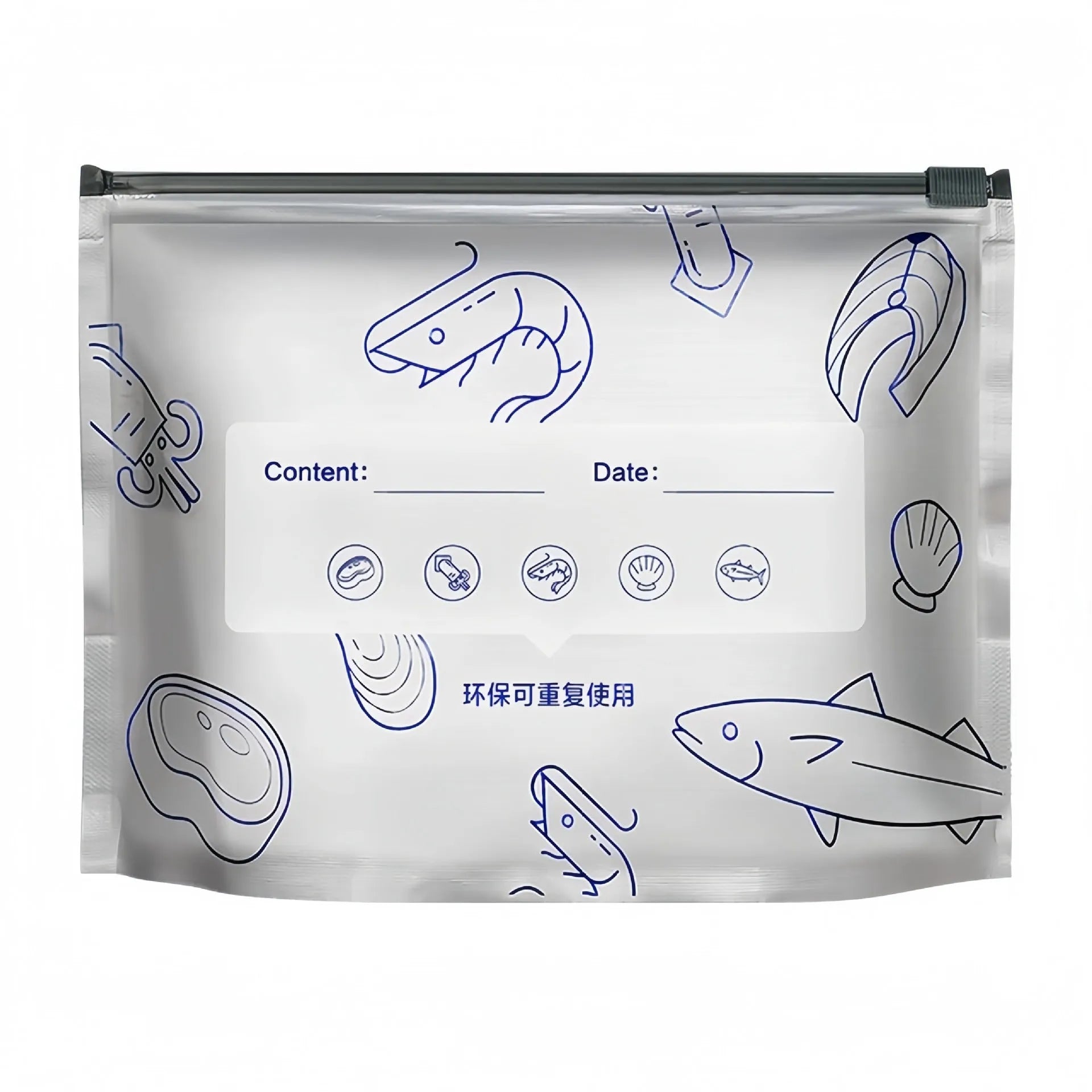 Set of aluminium foil sealed fresh bags in small, medium, and large sizes for food storage