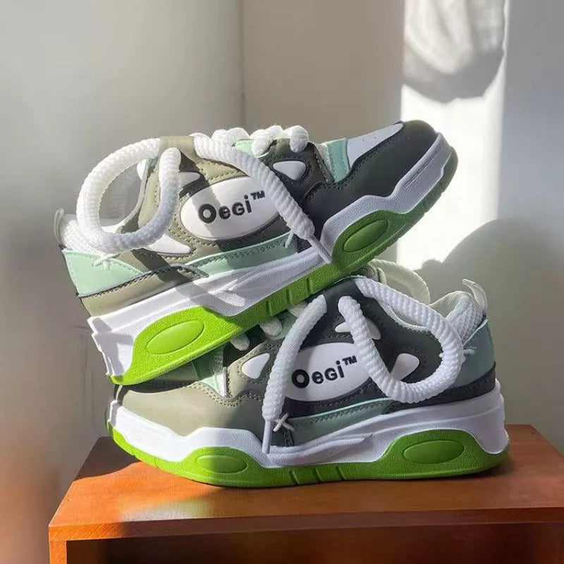 Women's round toe mid heel sneakers with muffin bottom in black and fluorescent green