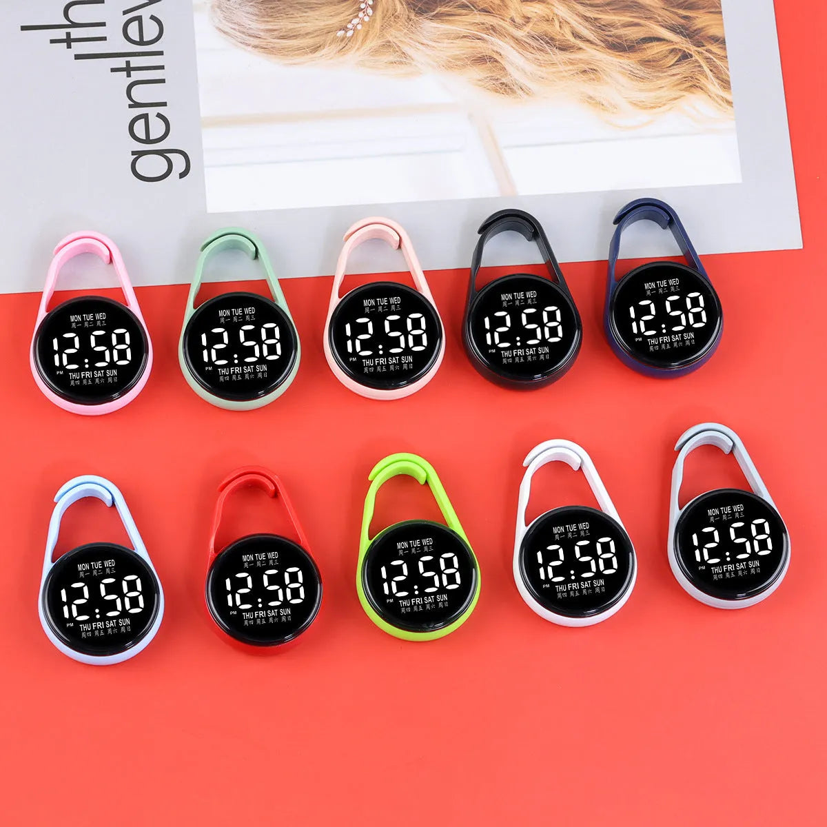 Mini digital LED electronic watch with plastic strap in various colours like fluorescent green and black on display.