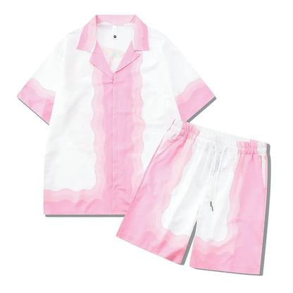 Men's and women's plaid pattern beach shirt outfit with top and trousers on mannequin