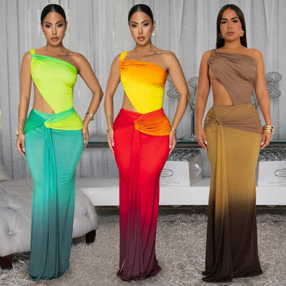 Women's gradient colour cross-shoulder dress with high waist and long skirt in green, red, or brown