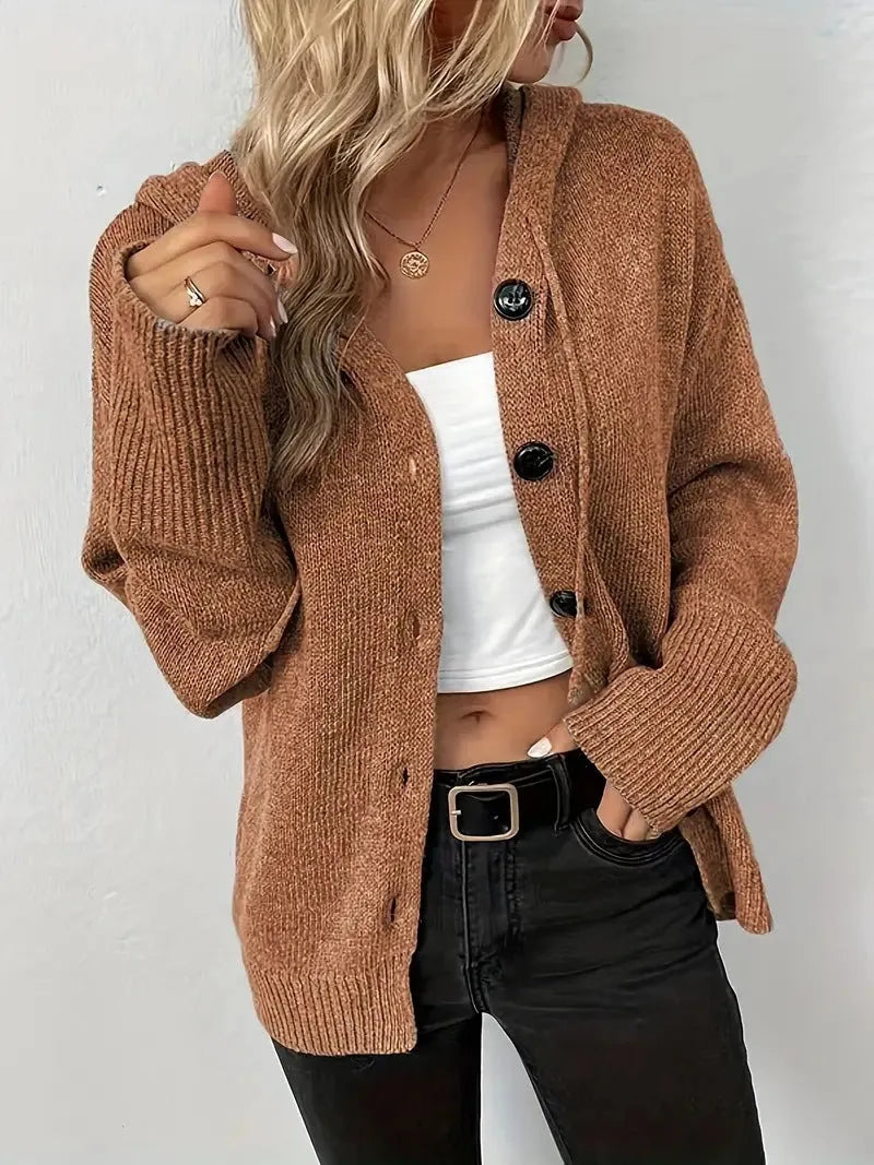Cotton hooded cardigan sweater in loose fit with solid colour and 3D pattern detail