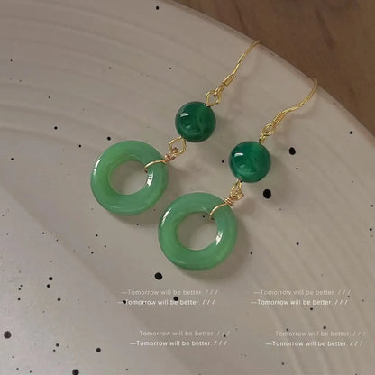Green jade design peace buckle shaped zinc alloy earrings for Han Chinese clothing
