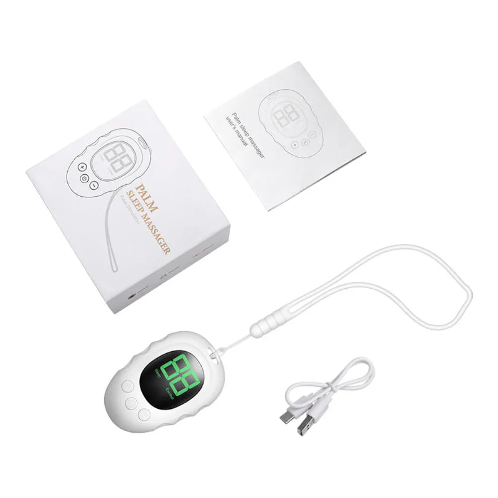 Silicone sleep aid hand grip in white, black, and green colours with sleep monitor and charging cable