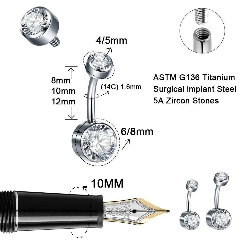 Titanium alloy double-headed navel stud with zircon stones in various colours and lengths.